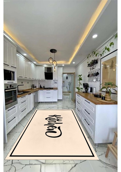 Kitchen Yazılı Çerçeveli Kaymaz Taban Yıkanabilir Mutfak Halısı, Mutfak-42-Krem,