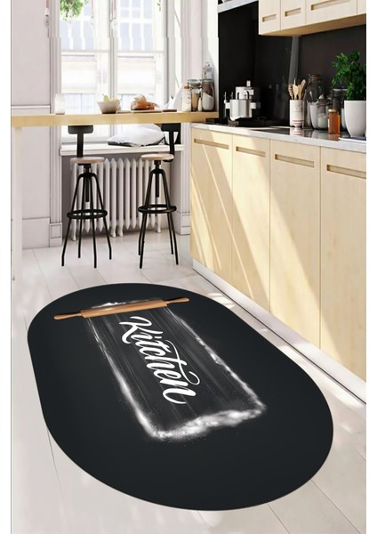 Kitchen Yazılı Merdane Desenli Yıkanabilir Oval Mutfak Halısı, O-Mutfak-28-Antrasit,