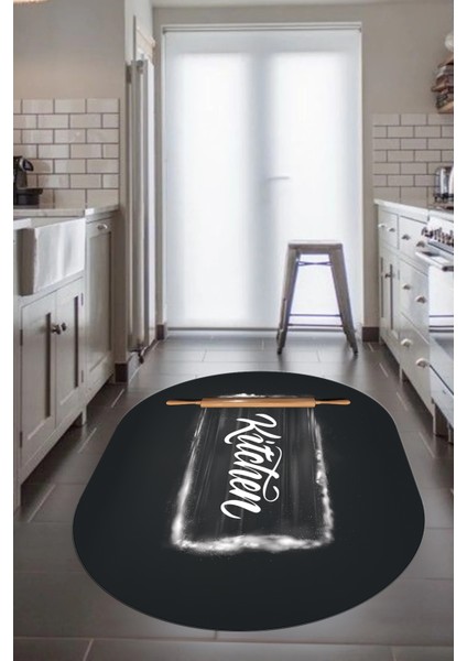 Kitchen Yazılı Merdane Desenli Yıkanabilir Oval Mutfak Halısı, O-Mutfak-28-Antrasit, fiyatları