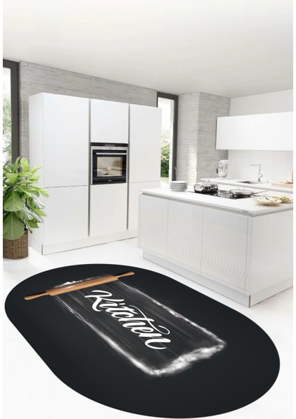 Kitchen Yazılı Merdane Desenli Yıkanabilir Oval Mutfak Halısı, O-Mutfak-28-Antrasit, modelleri