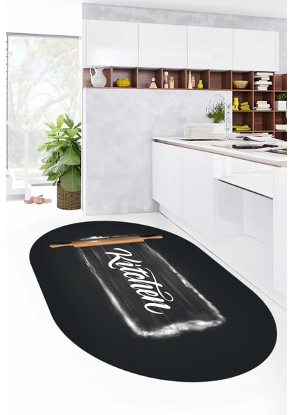 Kitchen Yazılı Merdane Desenli Yıkanabilir Oval Mutfak Halısı, O-Mutfak-28-Antrasit, fırsatları