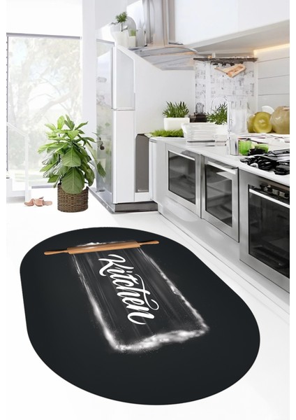 Kitchen Yazılı Merdane Desenli Yıkanabilir Oval Mutfak Halısı, O-Mutfak-28-Antrasit, indirimleri