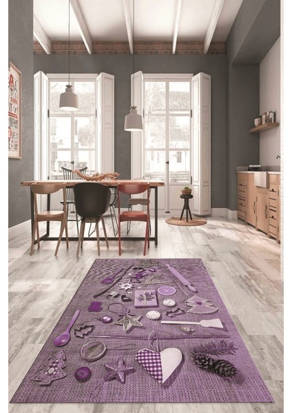 3D Dijital Baskılı Mutfak Eşyaları Motifli Yıkanabilir Mutfak Halısı, Mutfak-16-Mor,