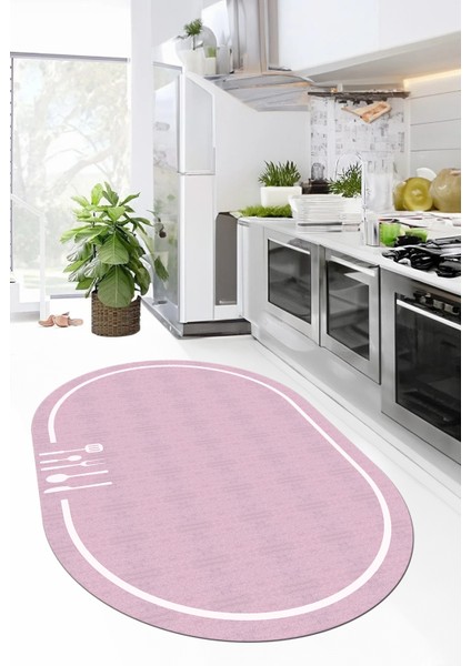 Dijital Baskılı Kaymaz Yıkanabilir Sade Çerçeveli Oval Mutfak Halısı, O-Mutfak-06-Pembe,