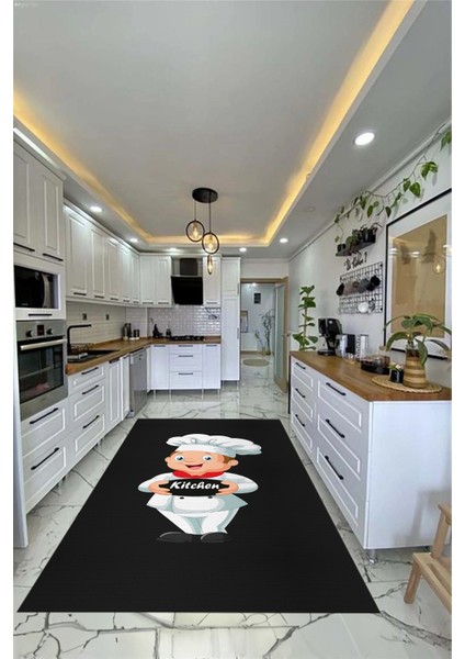 Kitchen Yazılı Aşçı Motifli Kaymaz Taban Yıkanabilir Mutfak Halısı, Mutfak-05-Antrasit,