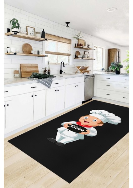 Kitchen Yazılı Aşçı Motifli Kaymaz Taban Yıkanabilir Mutfak Halısı, Mutfak-05-Antrasit, indirimleri