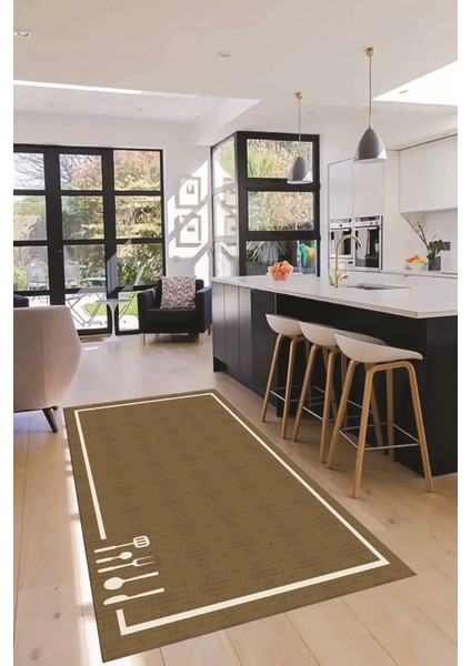 Dijital Baskılı Kaymaz Yıkanabilir Sade Çerçeveli Mutfak Halısı, Mutfak-06-Kahve, modelleri