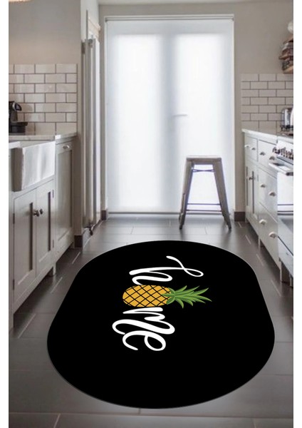 Home Yazılı Ananas Desenli Yıkanabilir Kaymaz Oval Mutfak Halısı, O-Mutfak-31-Siyah,