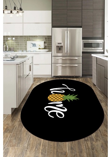 Home Yazılı Ananas Desenli Yıkanabilir Kaymaz Oval Mutfak Halısı, O-Mutfak-31-Siyah, indirimleri