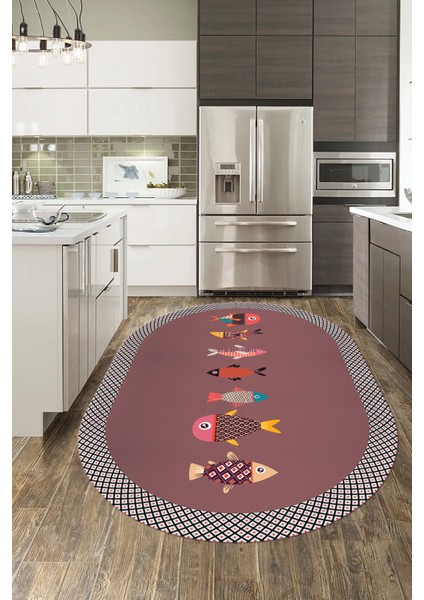 Dijital Baskılı Kaymaz Yıkanabilir Renkli Balık Desen Oval Mutfak Halısı, O-Mutfak-11-Pembe,