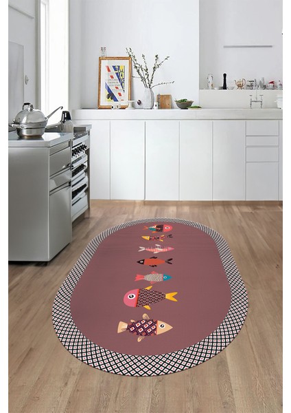 Dijital Baskılı Kaymaz Yıkanabilir Renkli Balık Desen Oval Mutfak Halısı, O-Mutfak-11-Pembe, fiyatları