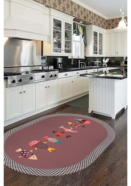 Dijital Baskılı Kaymaz Yıkanabilir Renkli Balık Desen Oval Mutfak Halısı, O-Mutfak-11-Pembe, modelleri