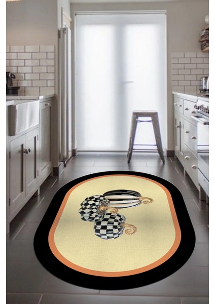 Dijital Baskılı Kaymaz Yıkanabilir Bal Kabağı Desenli Oval Mutfak Halısı, O-Mutfak-13-Krem, fırsatları
