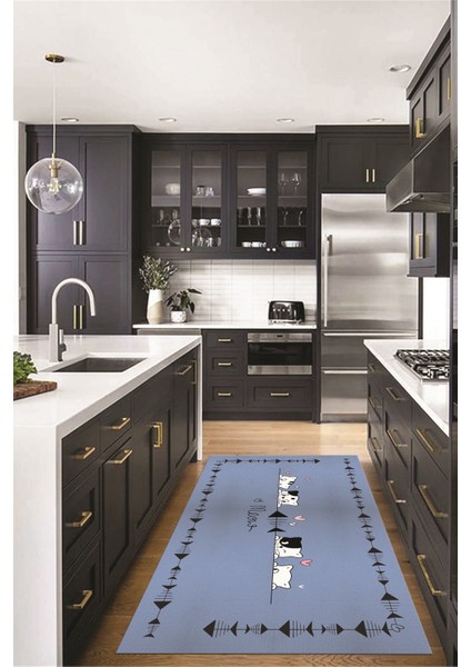 Sevimli Hayvanlar Desenli Kaymaz Taban Yıkanabilir Mutfak Halısı, Mutfak-10-Mavi,