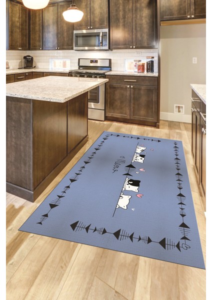 Sevimli Hayvanlar Desenli Kaymaz Taban Yıkanabilir Mutfak Halısı, Mutfak-10-Mavi, modelleri