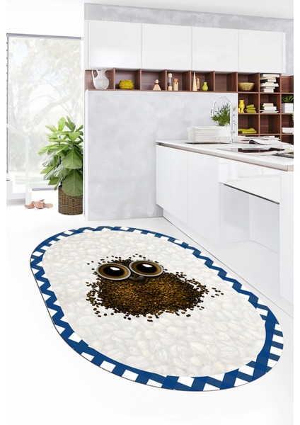 Baykuş Desenli Çerçeveli Kaymaz Yıkanabilir Şık Oval Mutfak Halısı, O-Mutfak-46-Mavi,