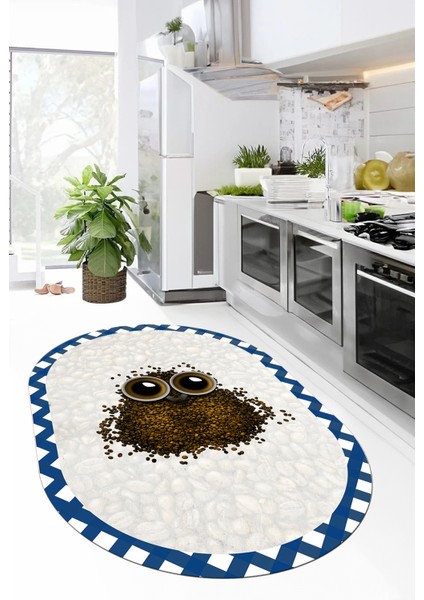 Baykuş Desenli Çerçeveli Kaymaz Yıkanabilir Şık Oval Mutfak Halısı, O-Mutfak-46-Mavi, fiyatları