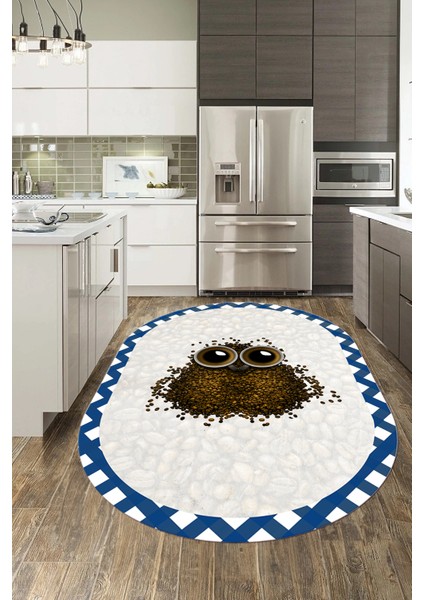 Baykuş Desenli Çerçeveli Kaymaz Yıkanabilir Şık Oval Mutfak Halısı, O-Mutfak-46-Mavi, modelleri