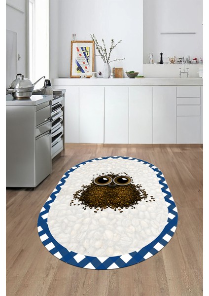 Baykuş Desenli Çerçeveli Kaymaz Yıkanabilir Şık Oval Mutfak Halısı, O-Mutfak-46-Mavi, fırsatları