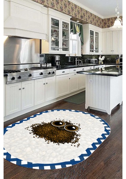 Baykuş Desenli Çerçeveli Kaymaz Yıkanabilir Şık Oval Mutfak Halısı, O-Mutfak-46-Mavi, indirimleri