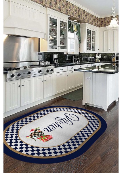 Dijital Baskılı Kaymaz Taban Yıkanabilir Kitchen Yazılı Oval Mutfak Halısı, O-Mutfak-48-Lacivert, indirimleri