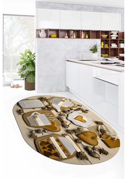 3D Kalp Fincan Motifli Kaymaz Yıkanabilir Modern Oval Mutfak Halısı, O-Mutfak-34-Kahve, modelleri