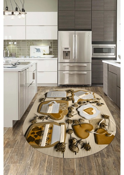 3D Kalp Fincan Motifli Kaymaz Yıkanabilir Modern Oval Mutfak Halısı, O-Mutfak-34-Kahve, indirimleri