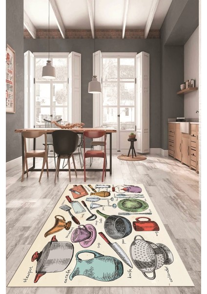 Tencere Fincan Bıçak Tabak Bardak Desenli Yıkanabilir Mutfak Halısı, Mutfak-35-Renkli,
