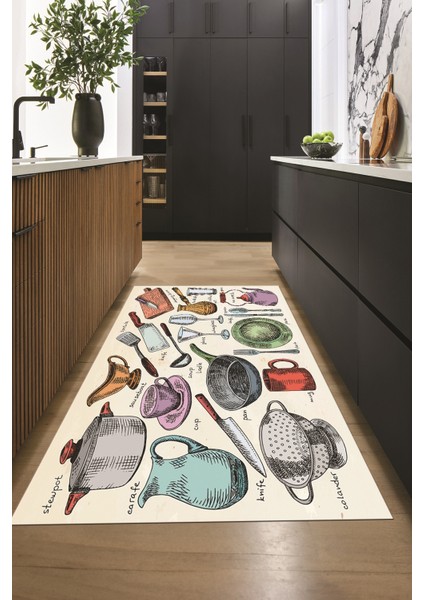 Tencere Fincan Bıçak Tabak Bardak Desenli Yıkanabilir Mutfak Halısı, Mutfak-35-Renkli, modelleri