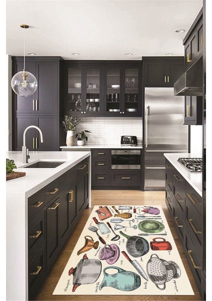 Tencere Fincan Bıçak Tabak Bardak Desenli Yıkanabilir Mutfak Halısı, Mutfak-35-Renkli, indirimleri