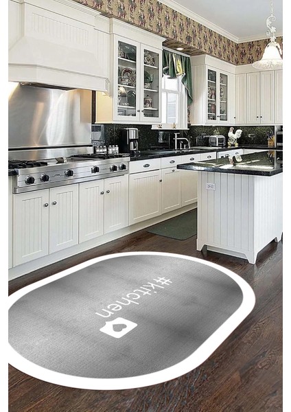 Dijital Baskılı Yıkanabilir Kaymaz Kitchen Yazılı Çerçeveli Oval Mutfak Halısı, O-Mutfak-02-Beyaz, fırsatları