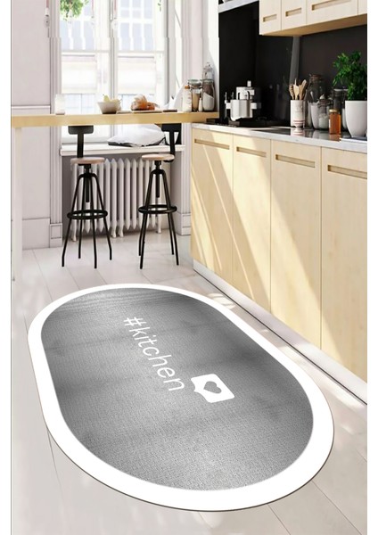 Dijital Baskılı Yıkanabilir Kaymaz Kitchen Yazılı Çerçeveli Oval Mutfak Halısı, O-Mutfak-02-Beyaz, indirimleri