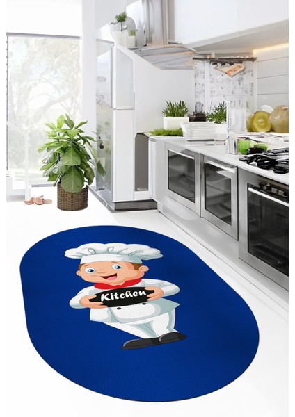 Kitchen Yazılı Aşçı Motifli Kaymaz Taban Yıkanabilir Oval Mutfak Halısı, O-Mutfak-05-Mavi,