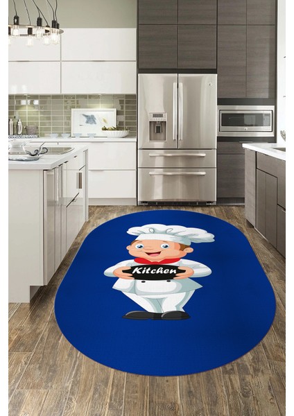Kitchen Yazılı Aşçı Motifli Kaymaz Taban Yıkanabilir Oval Mutfak Halısı, O-Mutfak-05-Mavi,