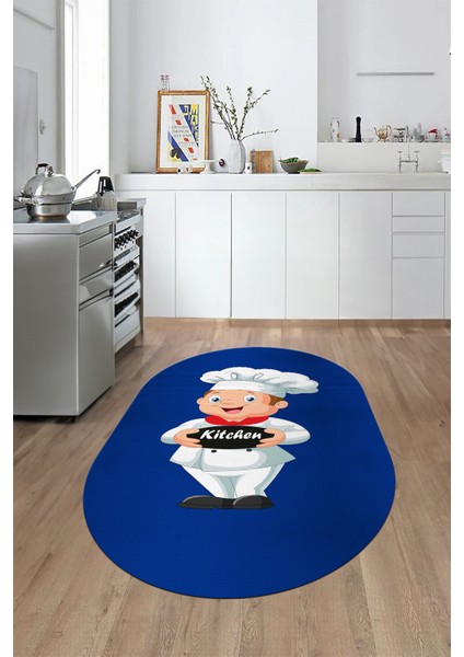 Kitchen Yazılı Aşçı Motifli Kaymaz Taban Yıkanabilir Oval Mutfak Halısı, O-Mutfak-05-Mavi,