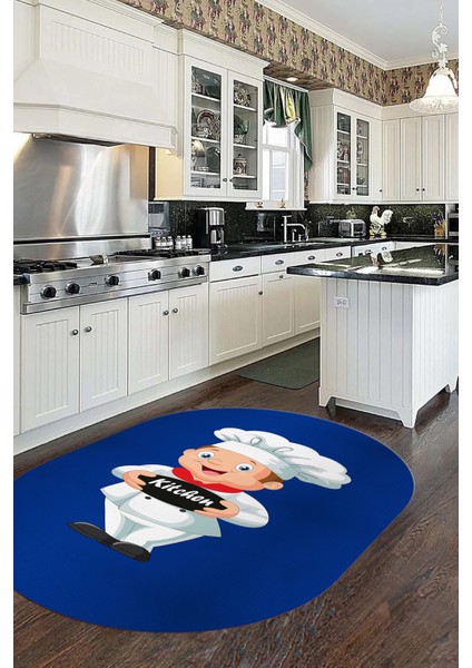 Kitchen Yazılı Aşçı Motifli Kaymaz Taban Yıkanabilir Oval Mutfak Halısı, O-Mutfak-05-Mavi,
