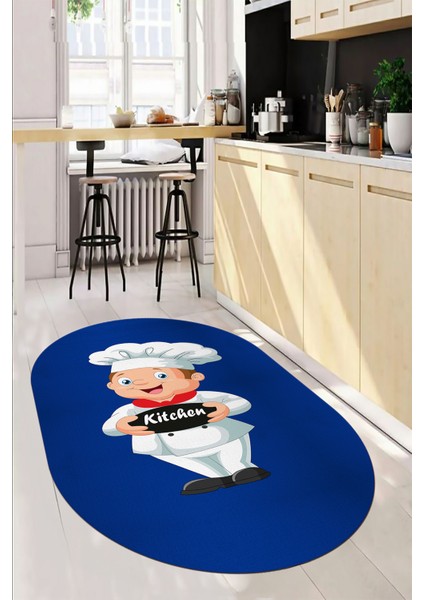 Kitchen Yazılı Aşçı Motifli Kaymaz Taban Yıkanabilir Oval Mutfak Halısı, O-Mutfak-05-Mavi,
