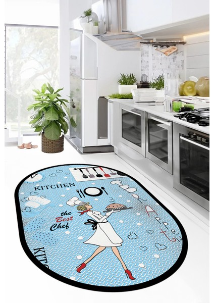 Dijital Baskılı Yıkanabilir Kaymaz Kitchen Yazılı Aşçı Oval Mutfak Halısı, O-Mutfak-03-Mavi,