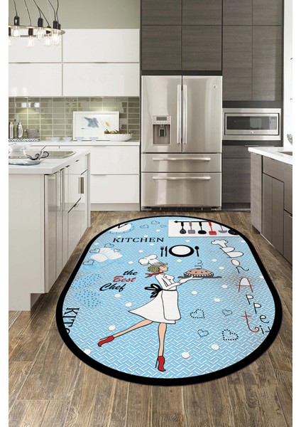 Dijital Baskılı Yıkanabilir Kaymaz Kitchen Yazılı Aşçı Oval Mutfak Halısı, O-Mutfak-03-Mavi,