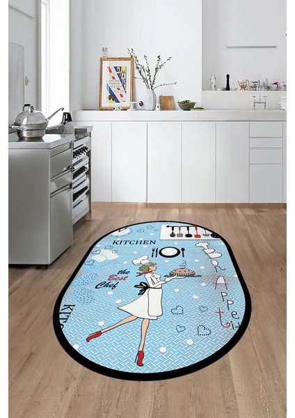 Dijital Baskılı Yıkanabilir Kaymaz Kitchen Yazılı Aşçı Oval Mutfak Halısı, O-Mutfak-03-Mavi,