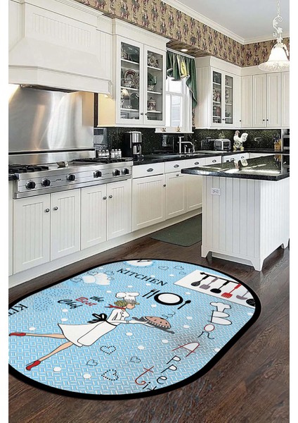 Dijital Baskılı Yıkanabilir Kaymaz Kitchen Yazılı Aşçı Oval Mutfak Halısı, O-Mutfak-03-Mavi,
