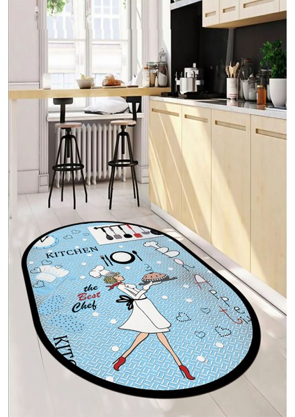 Dijital Baskılı Yıkanabilir Kaymaz Kitchen Yazılı Aşçı Oval Mutfak Halısı, O-Mutfak-03-Mavi,