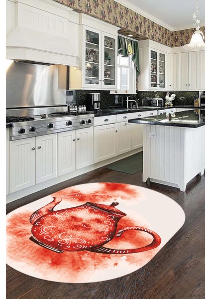Dijital Baskılı Kaymaz Taban Çaydanlık Desenli Oval Mutfak Halısı, O-Mutfak-23-Kırmızı,