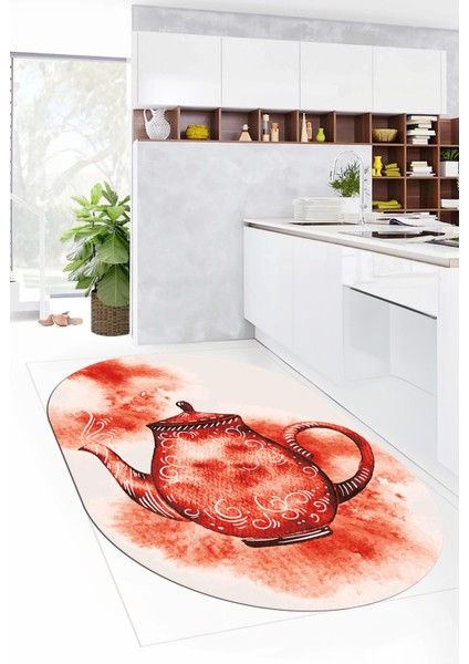 Dijital Baskılı Kaymaz Taban Çaydanlık Desenli Oval Mutfak Halısı, O-Mutfak-23-Kırmızı,