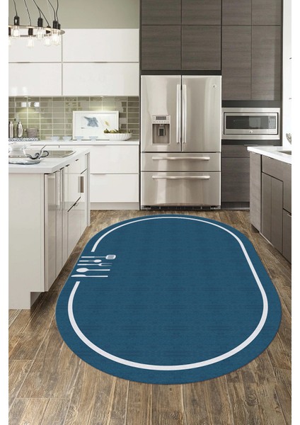 Dijital Baskılı Kaymaz Yıkanabilir Sade Çerçeveli Oval Mutfak Halısı, O-Mutfak-06-Mavi, fiyatları