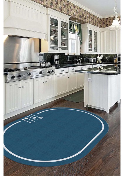 Dijital Baskılı Kaymaz Yıkanabilir Sade Çerçeveli Oval Mutfak Halısı, O-Mutfak-06-Mavi, fırsatları