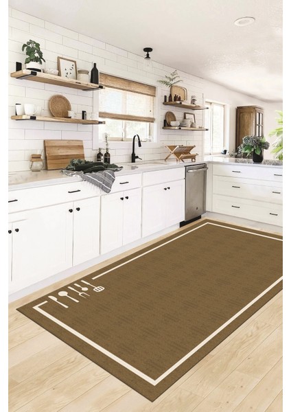 Dijital Baskılı Kaymaz Yıkanabilir Sade Çerçeveli Mutfak Halısı, Mutfak-06-Kahve, indirimleri