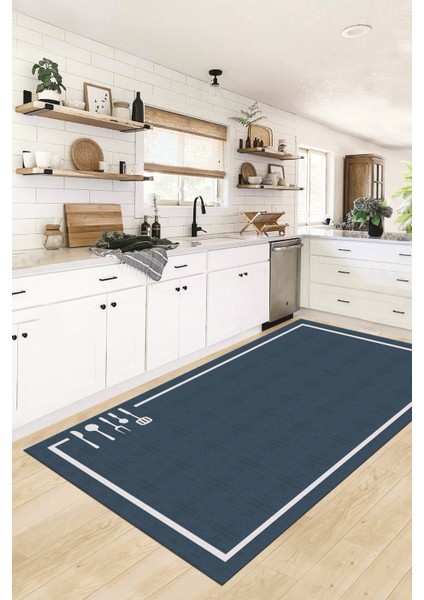 Dijital Baskılı Kaymaz Yıkanabilir Sade Çerçeveli Mutfak Halısı, Mutfak-06-Mavi, indirimleri