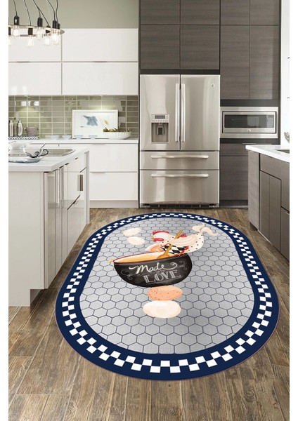 Aşçı Horoz Desenli Yıkanabilir Kaymaz Taban Oval Mutfak Halısı, O-Mutfak-08-Lacivert,