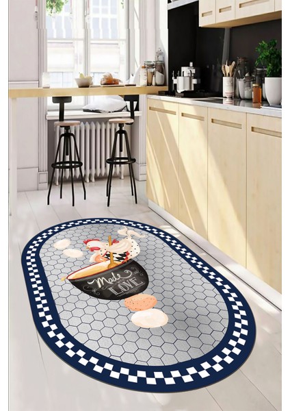 Aşçı Horoz Desenli Yıkanabilir Kaymaz Taban Oval Mutfak Halısı, O-Mutfak-08-Lacivert, fırsatları